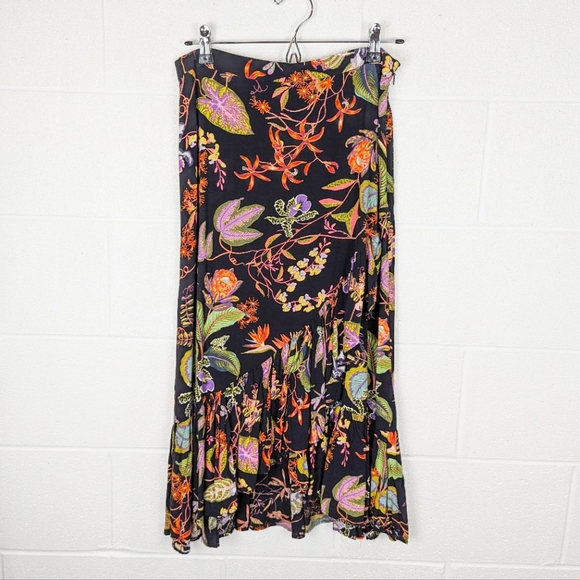 NWOT H&M Tropical Print Midi Skirt Black Hi-Lo Ruffle Viscose Small/Medium Color - Picture 2 of 13